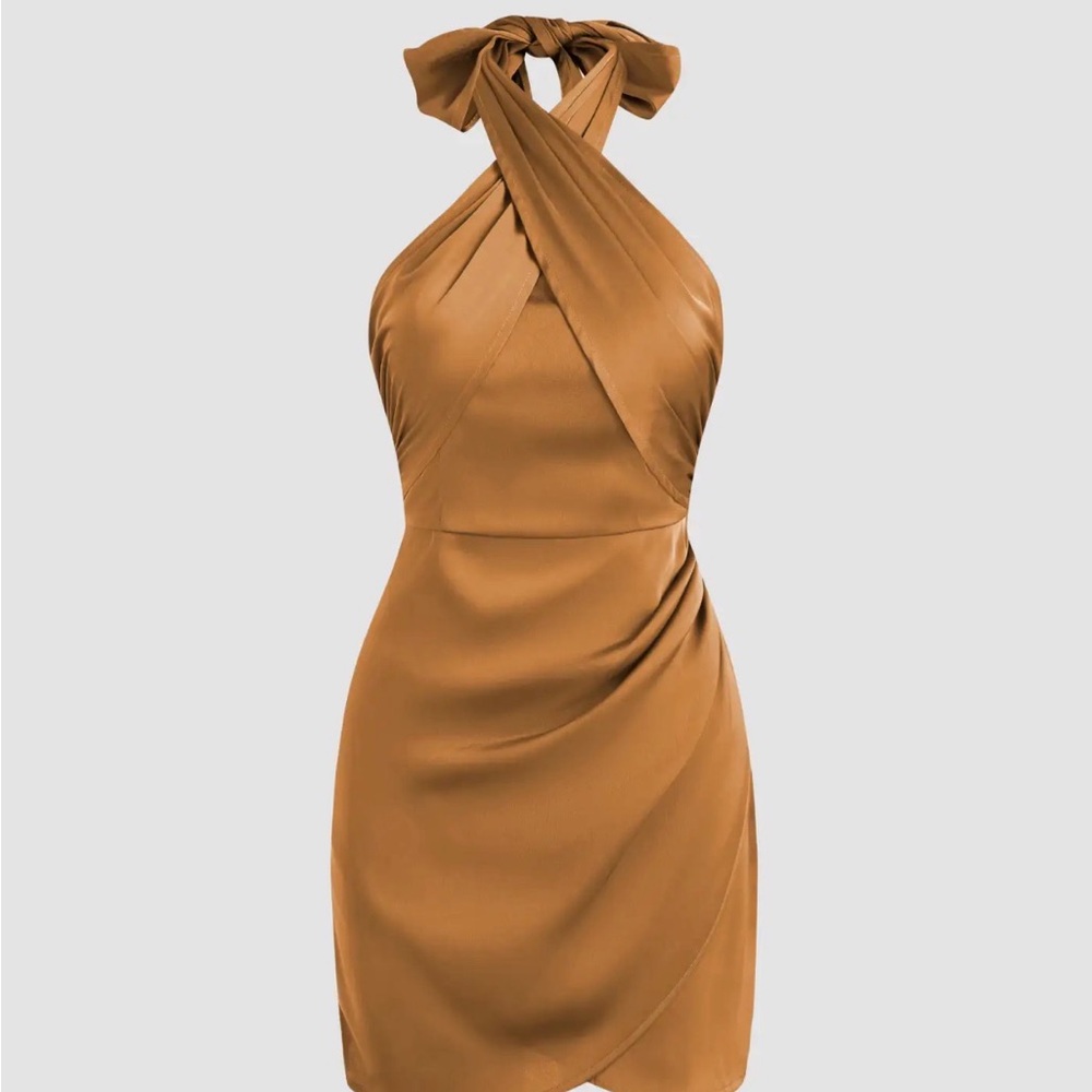 Cider One-Shoulder Tie Mini Dress in Camel Brown